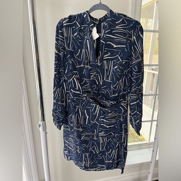 St. John 100% Silk Long Sleeve Faux Wrap Mini Dress, Artistic Pattern Blue S NWT - Picture 3 of 9